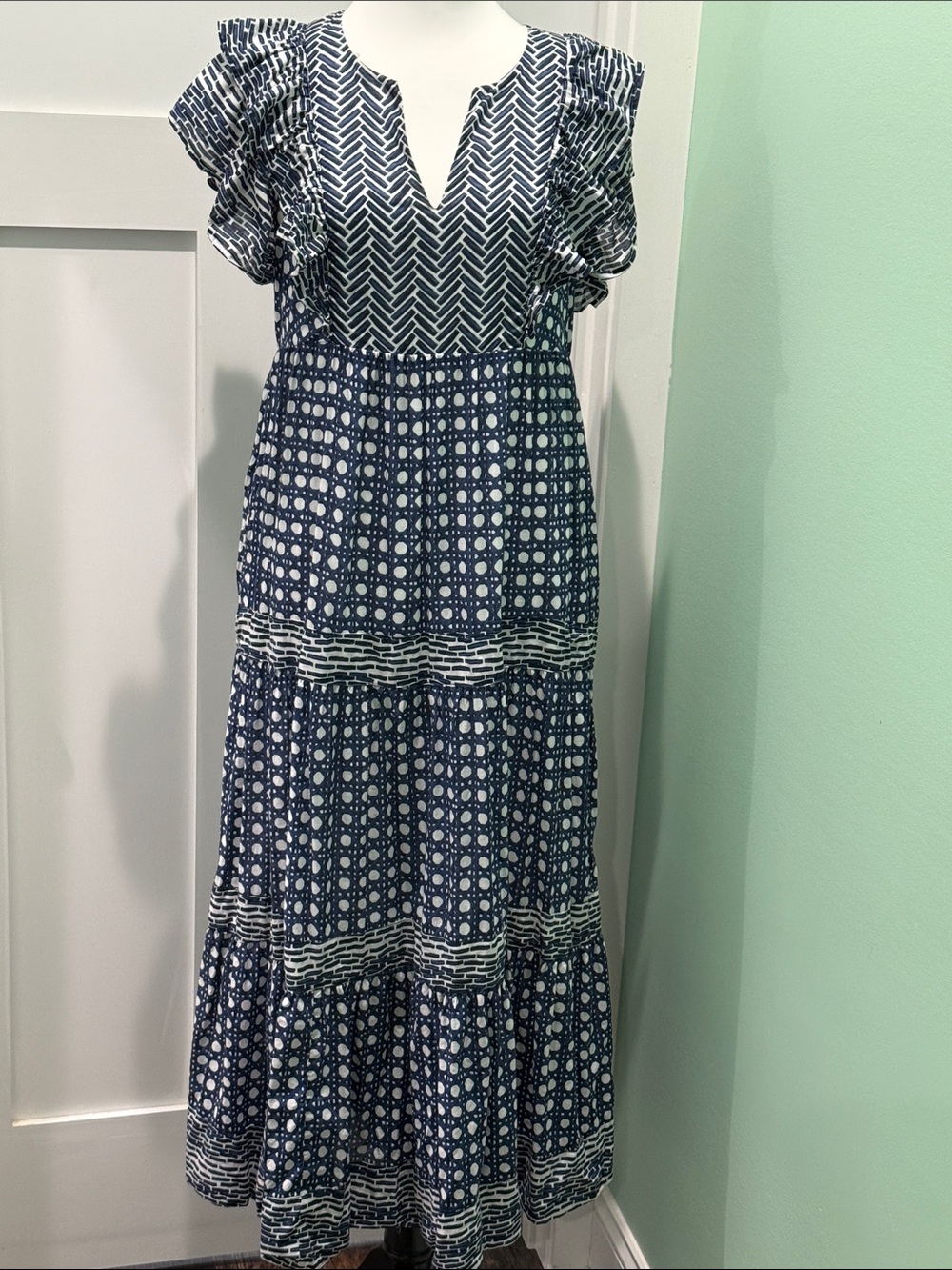 crown & ivy Navy 100% Cotton Blue And White Geometric Tiered Maxi Dress. Size XS